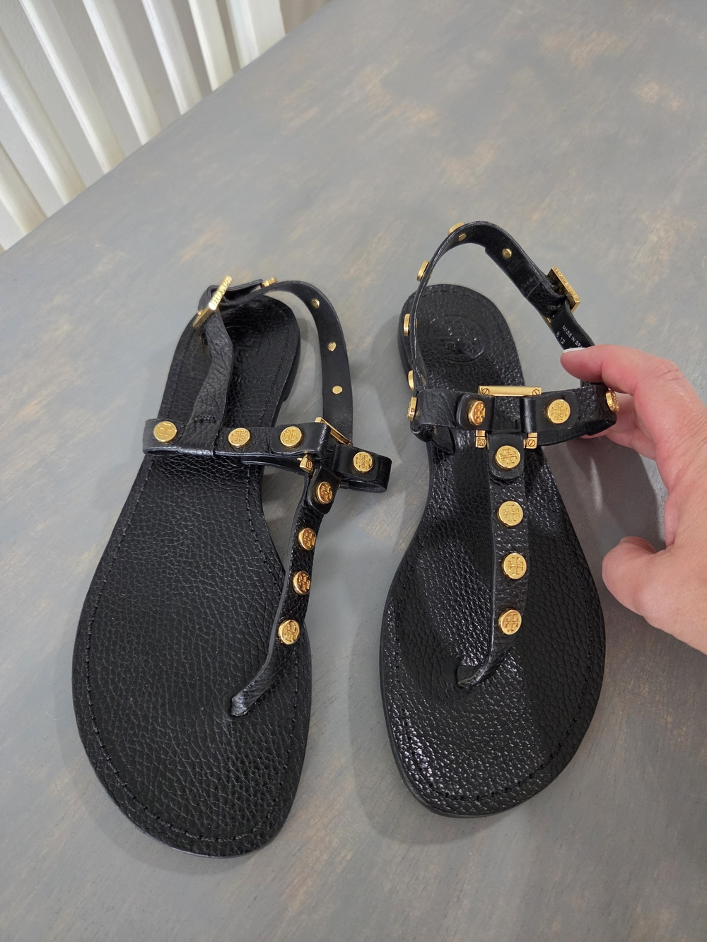 Tory BURCH Black Leather T-Strap Sandals with Gold Studs